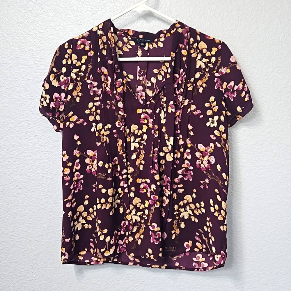 Lands End, size 6p, plum, floral blouse